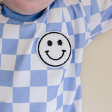 Bubble Romper | Checkered Smiley Blue