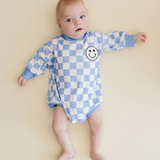Bubble Romper | Checkered Smiley Blue