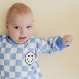 Bubble Romper | Checkered Smiley Blue