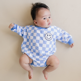 Bubble Romper | Checkered Smiley Blue