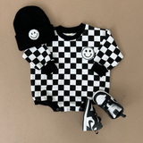 Bubble Romper | Checkered Smiley Black