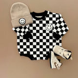 Bubble Romper | Checkered Smiley Black