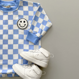 Bubble Romper | Checkered Smiley Blue