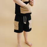 Terry Cargo Shorts Set | Black & Tan