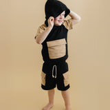 Terry Cargo Shorts Set | Black & Tan