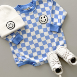 Bubble Romper | Checkered Smiley Blue
