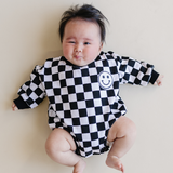 Bubble Romper | Checkered Smiley Black