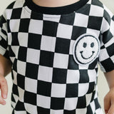 Short Sleeve Bubble Romper | Checkered Smiley Black
