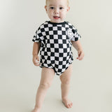 Short Sleeve Bubble Romper | Checkered Smiley Black