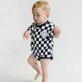 Short Sleeve Bubble Romper | Checkered Smiley Black