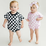 Short Sleeve Bubble Romper | Checkered Smiley Black