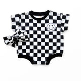 Short Sleeve Bubble Romper | Checkered Smiley Black