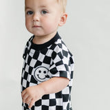 Short Sleeve Bubble Romper | Checkered Smiley Black