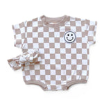Short Sleeve Bubble Romper | Checkered Smiley Latte