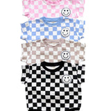 Short Sleeve Bubble Romper | Checkered Smiley Latte