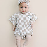 Short Sleeve Bubble Romper | Checkered Smiley Latte