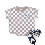 Short Sleeve Bubble Romper | Checkered Smiley Latte