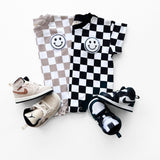 Short Sleeve Bubble Romper | Checkered Smiley Latte